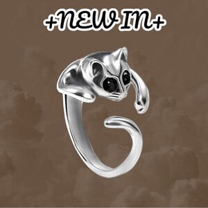 New Adjustable Vintage Alloy Plated Silver Black Onyx Rhinestone eyes Cat Ring